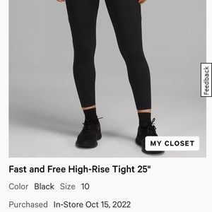 Lululemon Fast and free high rise tight 25” size 10